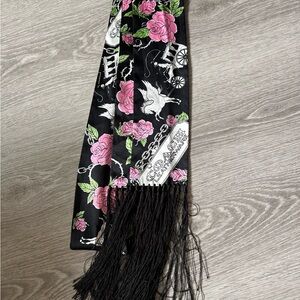 Coach Black and Pink Rose Scarf with Fringe